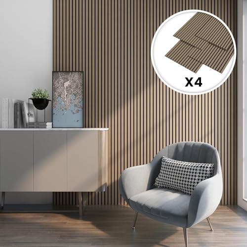 NEU.HOLZ Set de 4x Paneles de Pared 3D Vang Acústicos Revestimiento de Paredes Listones Decorativos en MDF y Fieltro 120 x 60 x 2 cm (2,88 m²) - Nogal Claro