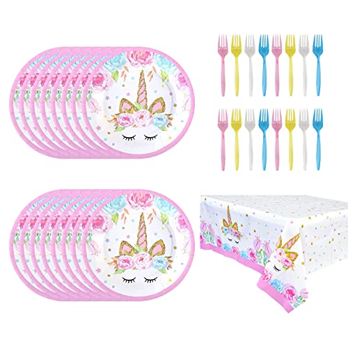 Decoraciones de Cumpleaños de Unicornio, 34 Pcs Vajilla de Cumpleaños Set, 16 Pcs 7 Pulgadas Platos De Vajilla con Tenedor, 1 Pcs Mantel y Bandera para Celebración (Rosa) Cover