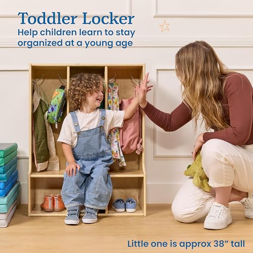 Image of ECR4Kids Streamline 3-Section Toddler Coat Locker with Bench, Classroom Furniture, Natural