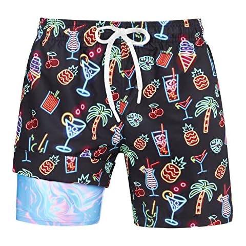 uideazone Funny Board Shorts for Men 80s 90s Swim Trunks Retro Printing Quick Dry Swimming Shorts Summer Beach Bathing Suit Shorts with Compression Liner Black XL Cover