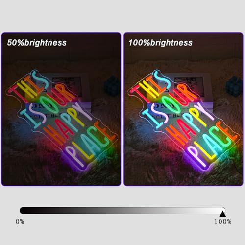 Image of This is Our Happy Place Neon Sign for Wall Decor Colorful Letter Neon Light Art LED Neon Signs with USB for Classroom,Gym,Bedroom,Children's Playground,Bar