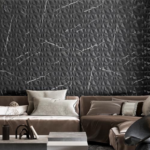 Image of Art3d A10315BM 3D Diamond Design Paneling for Interior Decor, Living Room, TV Wall Background, Bedroom, Gaming Setup, 11.8 inch x 11.8 inch, Black Marble, 33 Pack