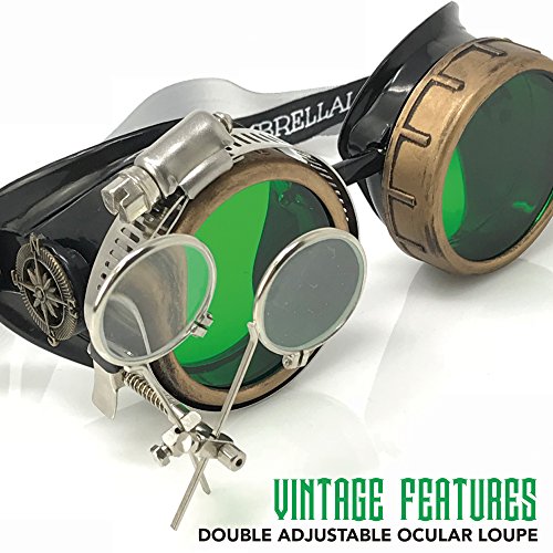 Steampunk Victorian Style Goggles with Compass Design, Emerald Green Lenses & Ocular Loupe - Thumbnail 3