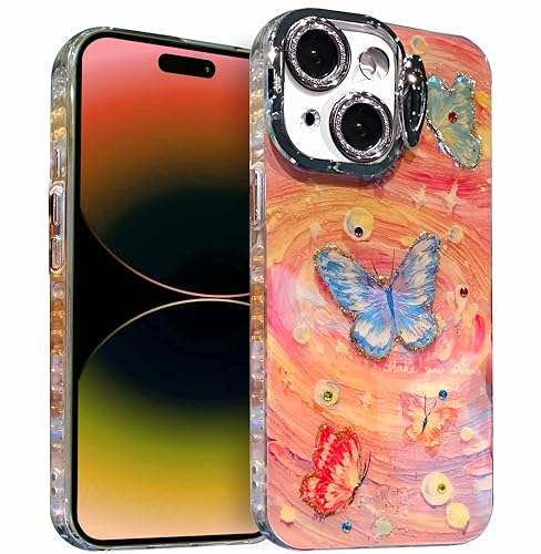 Coque iPhone 15 Plus antichoc avec motif floral pailleté béquille support et film écran TPU