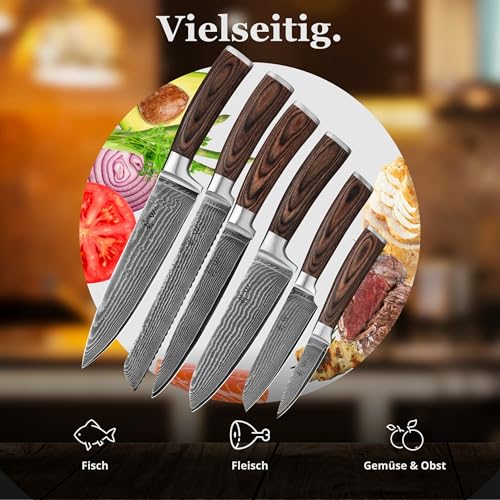 Foto von Wakoli EDIB 6er Damastmesser Set I Scharfes Küchenmesser Set aus 67 Lagen Damaststahl mit VG10 Kern & Pakkaholzgriff I Kochmesser Set in Geschenkbox I präzises Schneiden & langanhaltende Schärfe