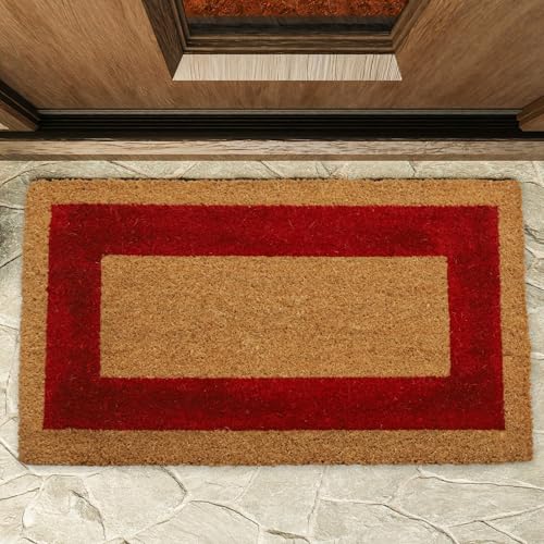 Felpudo de Coco, Alfombra de Entrada de casa, Felpudo ecológico de Fibra de Coco, Alfombrilla de Entrada, Tapete de Bienvenida, 100% Coco, Naturales sostenibles Cenefa Rojo, 55 x 30 cm