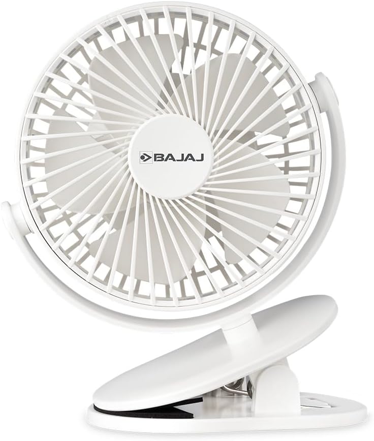 Bajaj Pygmy Mini Fan 110MM | USB Charging | Multi-Clip Function | Rechargeable | 4-Hr Back-up | Silent Operation | Longer Battery Life | Energy Efficient | Portable【White】