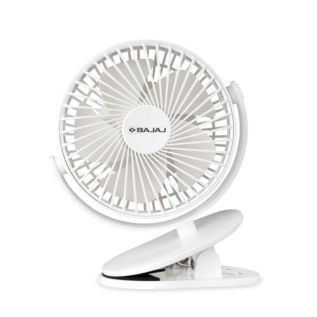 Bajaj Pygmy Mini Fan 110mm (USB Charging, Multi-Clip) – table fan under 500