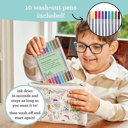 Image of eatsleepdoodle DIY Coloring World Map Pencil Case for Kids with 10pcs Washable Markers, Reusable Art Supply Organizer, Fun Arts & Crafts Activity for Boys & Girls, Creative Gift Idea for Ages