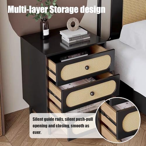Rattan Nightstand with Storage Drawers, 15.7" Wooden Bedside Table for Bedroom & Living Room, Compact Black Nightstand, No Assembly Required, 40x40x49cm