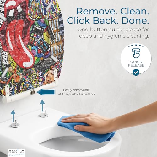 Image of Sanilo Wooden Toilet Seat with Quick Release & Soft Close [ROUND] - Decorative & Slow Close Molded Wood Seat - With One Click for Easy Installation & Cleaning - With Adjustable Fit (Graffiti)