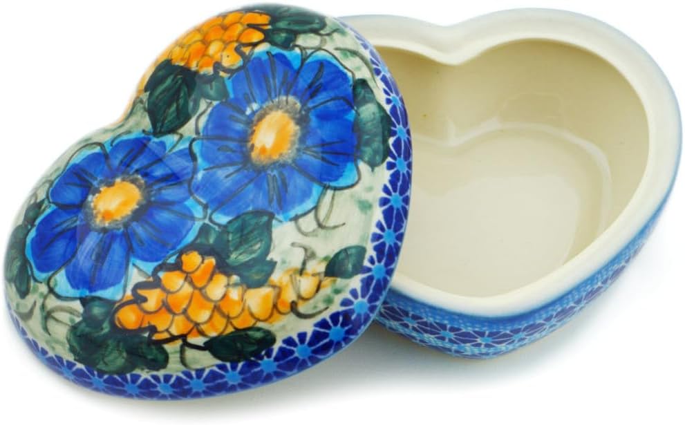 Polmedia Polish Pottery Heart Shaped Jar UNIKAT - Corn In The Blue Pattern Handmade in Boleslawiec Poland + Certificate of Authenticity