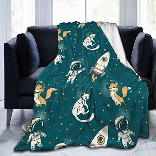 fifbird Fleecedecke, Überwurf, superweich, Flanell, Überwurf, Mehrzweckdecke, klimatisiert, Steppdecke für Couch, Bett, Sofa (kosmische niedliche Raketen, Füchse & Katzen, schwimmender Raum,