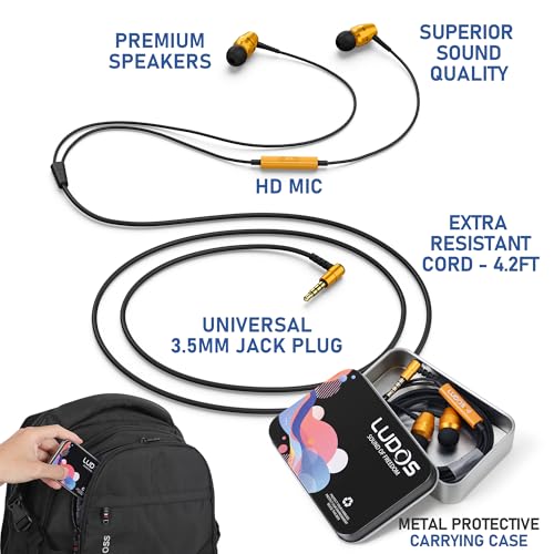 Image of LUDOS OMNITONE Wired Earbuds in-Ear Headphones, 5 Year Warranty, Earphones with Microphone, 3.5 mm Jack Corded Ear Buds, Videoconference for iPhone, Samsung, Laptop, Kids, School Students - Gold