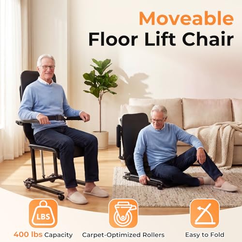 Image of Upgrade Steel Electric Lift Chair with Advanced Wheels and PU Cushion, Floor Lift for Elderly, Support Up to 400 LBS, Safety Seat Belts and Handrails, Suitable for Home or Care Facilities Use, Black