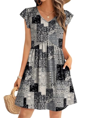 Image of OFEEFAN Summer Dresses for Women Beach Vacation Clothes V Neck Ruffle Sleeve Babydoll Dress Elegant Classy Sundress
