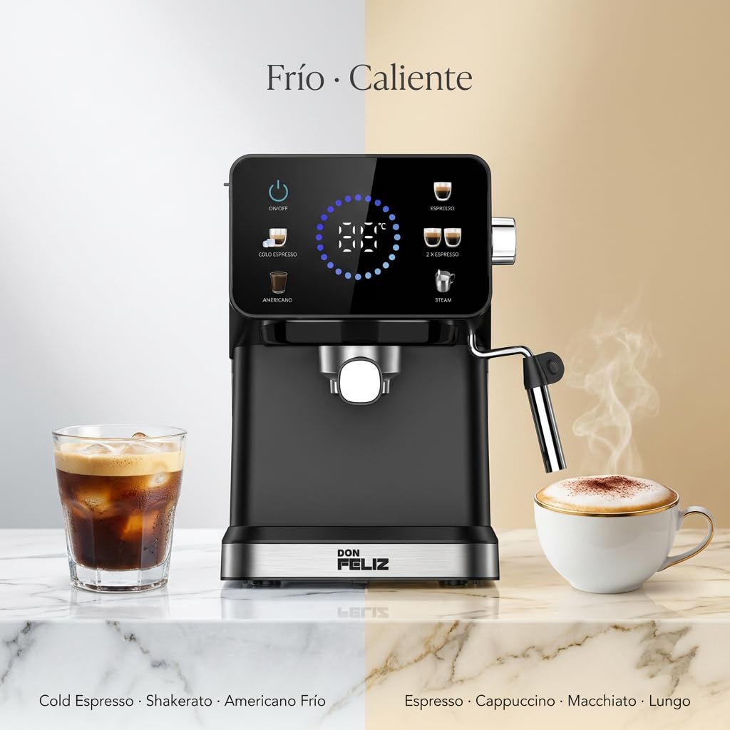 Don Feliz Máquina de café Digital, 20 Bar, 1350W, Cafetera Compatible con cápsulas Nespresso, Pantalla LCD, Vaporizador Acero Inoxidable, Depósito 1.5L