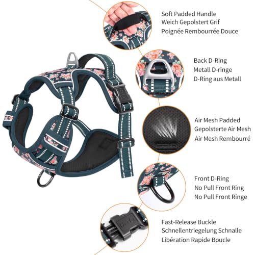 Image of HEELE Dog Harness, Reflective, No Pull No Choke, Flower Blackish Green, S | Front Clip for Small Dog Harness, 2 Metal Rings with Handle, Adjustable, Soft Breathable Padded Pet Vest for Night Walking