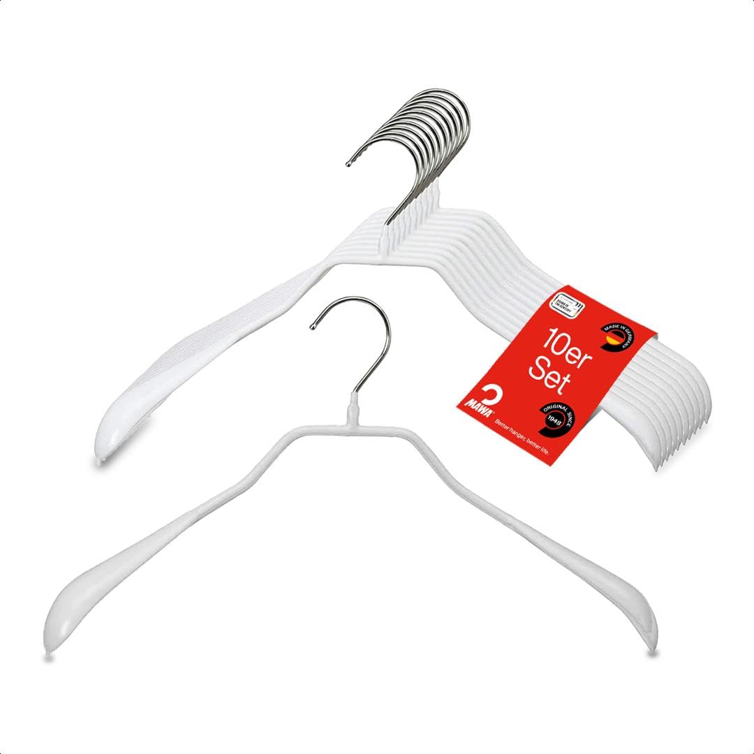 MAWA Kleiderbügel, Set mit 10 körpergeformten Metallkleiderbügeln, ideal für Mäntel, Jacken, Blazer und Anzüge, 360° drehbarer Haken, Antirutschbeschichtung, 38 cm, Weiß
