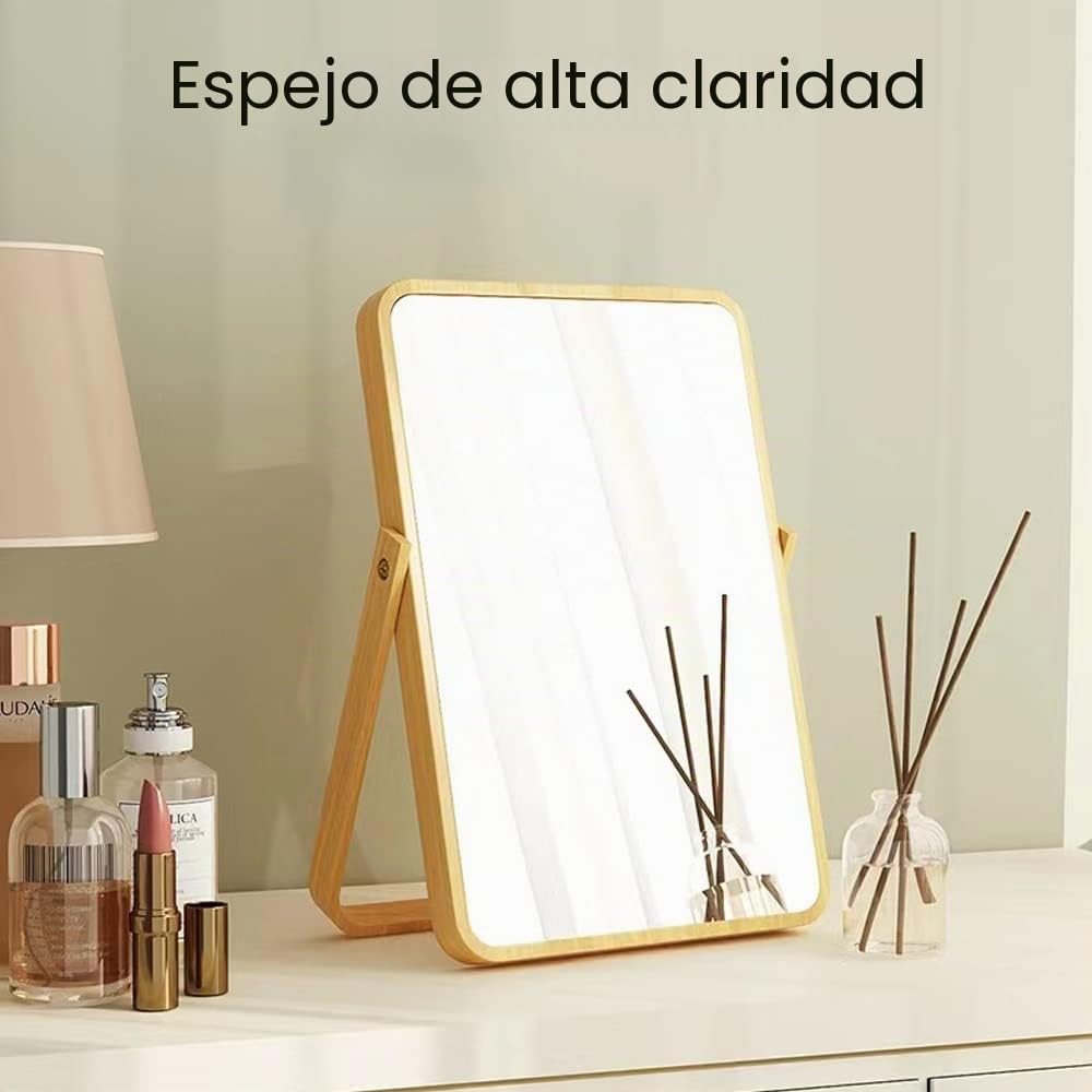 Espejo de madera portátil con soporte para maquillaje, de tocador, de mesa, de escritorio, espejo rectangular de baño de viaje de alta definición plegable que se sostiene solo (blanco)