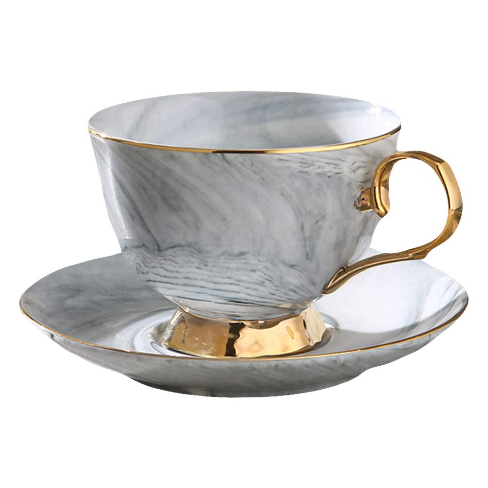 Set Tazze da Caffè in Ceramica con Piattino 250 Ml, Design Marmo Nordico Grigio Oro, Tazze da Latte e Succo per Casa, Ufficio, Bar e Ristoranti
