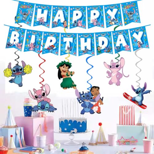 For Stitch Happy Birthday Banner Party Decoration With 7PCS Vortex Decorative Pendants.