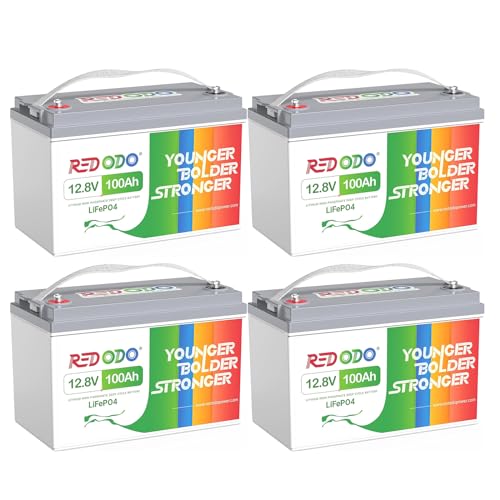 Image of Redodo 12.8V 100Ah LiFePO4 Lithium Battery, 4Pack, Rechargeable Deep Cycle Battery with 100A BMS, 1280Wh, Up to 15000 Cycles Perfect for RVs, Trolling Motors, Off Grid, Camping, Solar Home Energy