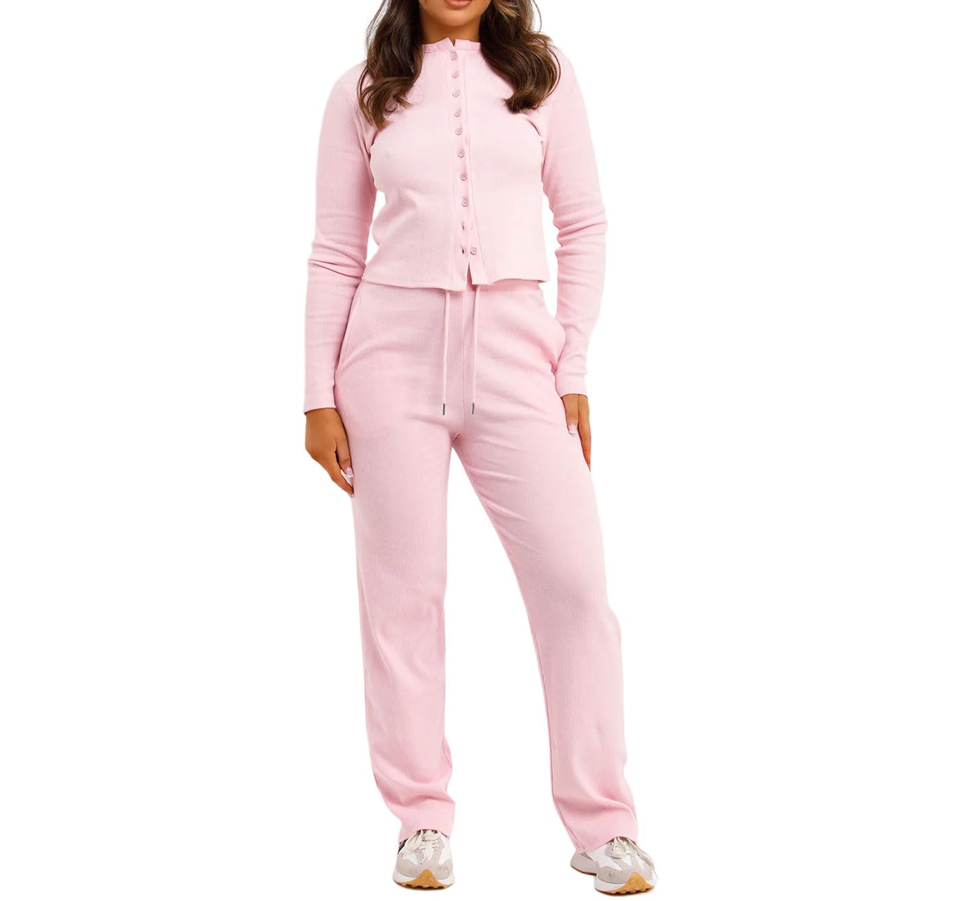 Ladies Long Sleeve Button Up Ribbed Cardigan Top And Flared Bottom Pocket Trouser Lounge Wear Tracksuit Womens Winter Wear 2pc Co Ord Set