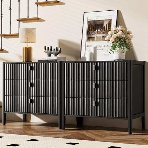 Image of Furniway 31.5 inch Wide Black 3 Drawer Nightstand, Modern Fluted Bedside Table with Metal Handles, Large Storage End Table for Bedroom