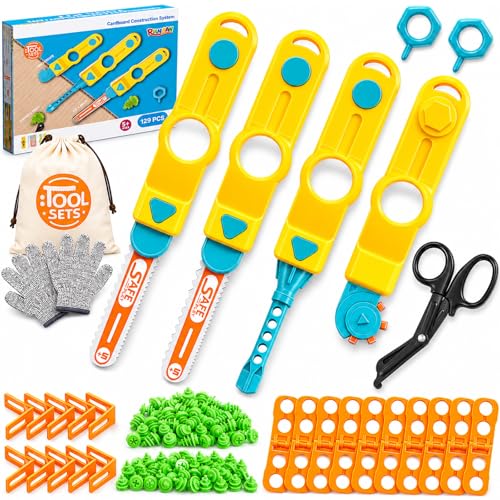 Image of Cardboard Tools for Kids, 129 PCS Cardboard Construction Kit, Kids Building Set with Safe Serrated Cutter, Crease Roller, Screws & Nuts, Creative STEM Educational Toys Gift for Boys and Girls Age 5+
