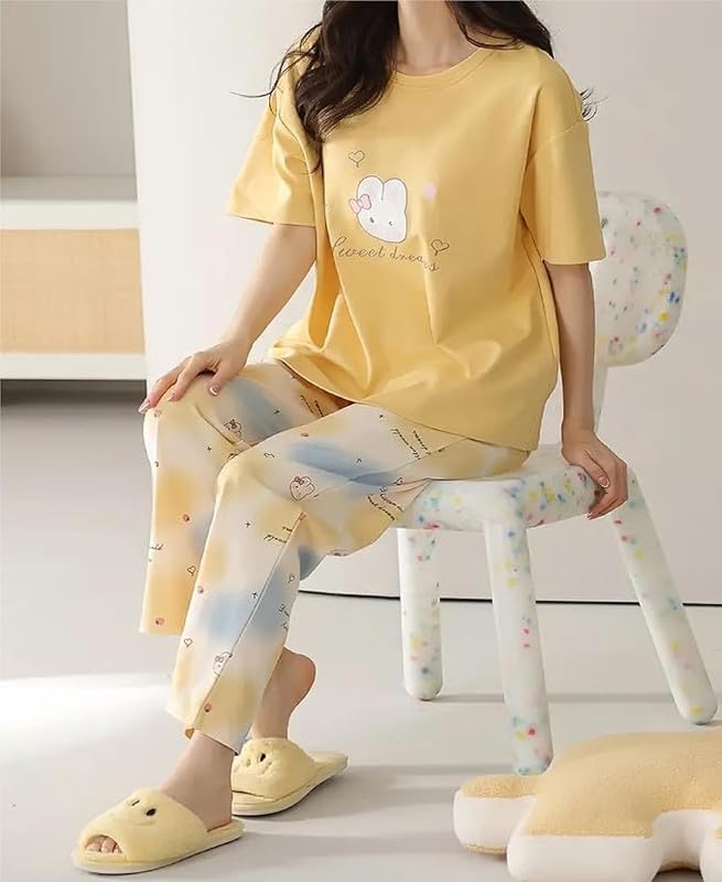Image of Women's Pajama Set with Top & Pants|| Korean Night Wear|| Loose Fit Home Wear || Lightweight Printed Set || Soft & Comfy Girls & Women