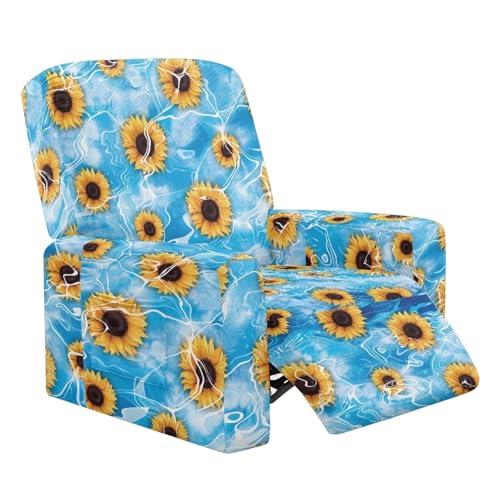 Wiryuouvt Blue Sunflower 4Pcs Printed Lazy Boy Chair Covers Stretch Recliner Sofa Cover Furniture Protector Leather Recliner Chair Cover with Elastic Slipcovers Washable Floral Patterned