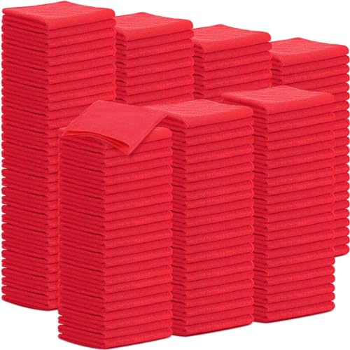 Image of Tenare 100 Pack 12'' x 12'' Microfiber Cleaning Cloths Reusable Cleaning Rags Bulk Microfiber Towels Softer Highly Absorbent Washcloths for House Kitchen Car Window(Red)