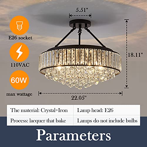 YYJLX 6-Light Modern Large Crystal Chandelier Black Metal E26 Semi Flush Mount Round Light Fixture Ceiling Lamp Farmhouse for Dining Living Room Laundry Foyer Kitchen Balcony Bedroom - Image 3