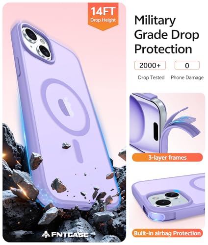 Image of FNTCASE for iPhone 15 Case: for iPhone 14 Case & iPhone 13 Case [Compatible with Magsafe] Translucent Matte Cases with [Screen Protector] Military Grade Shockproof Protective Phone Cover - LightPurple