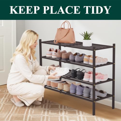 Image of Smiry Bamboo Shoe Rack, 5 Horizontal Slats, 4 Tier - 33.9 inch Wide, Brown