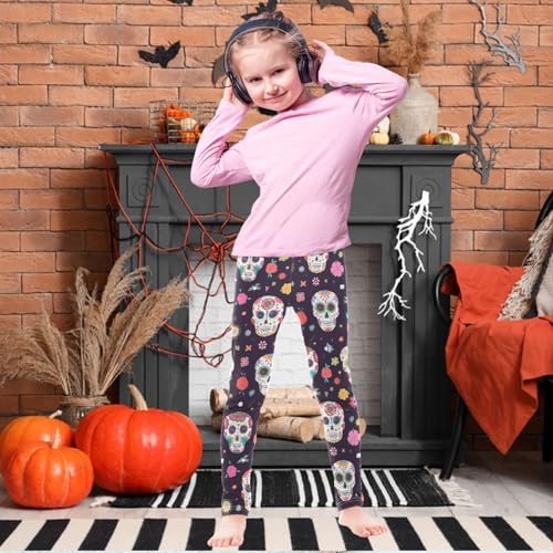 Girls' Leggings Skull Flower Black Pattern Ankle Length Printed Leggings Comfort Pants for Kids 4-10 Years2