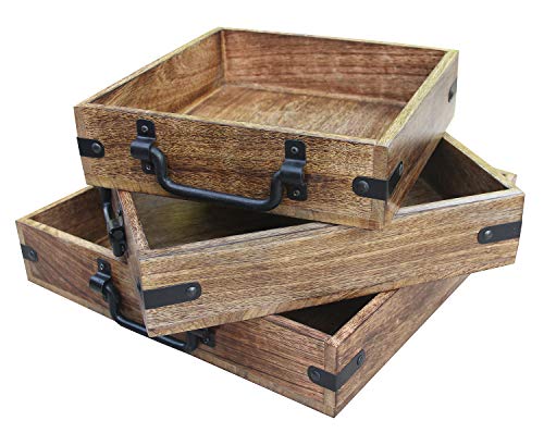 Rustic Square Set Of 3 Wooden Serving Trays With Handle Perfect for Platter, Wine, Tea, Coffee, Planters