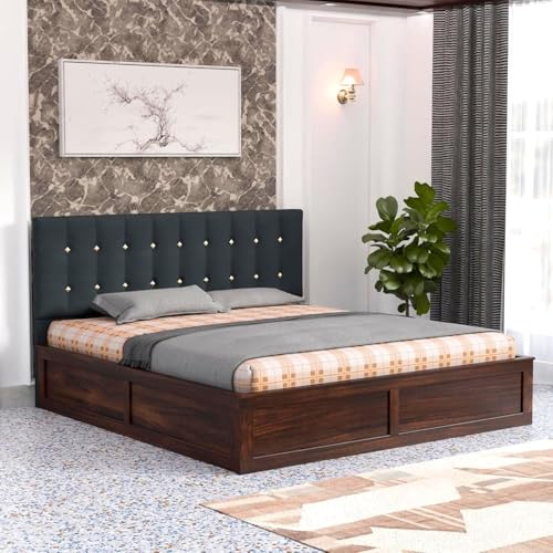 Image of Sheesham Wood King Size Bed with Storage Box | Double Bed for Home | Platform Cot with Cushioned Headboard | Upholstered Beds | Recommended Mattress 78x72 Inch | Dark Grey & Walnut Finish