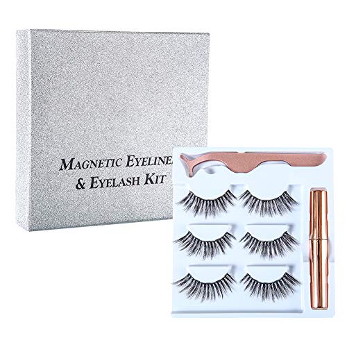 Magnetic Eyelashes with Magnetic Liquid Eyeliners Kit Magnetic False Lashes 3 Pair with Tweezers Easy to Wear Natural for Make Up (013)
