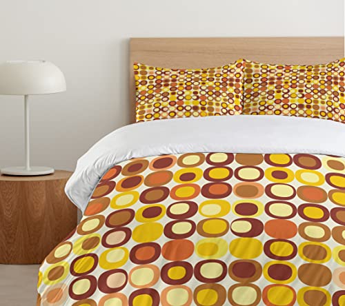 Ambesonne Mid Century Duvet Cover Set, Retro-Themed Styled Round Edged Square Pattern In Old Earth Tones, Decorative 3 Piece Bedding Set With 2 Pillow Shams, Queen Size, Brown Yellow Coral #TOP4