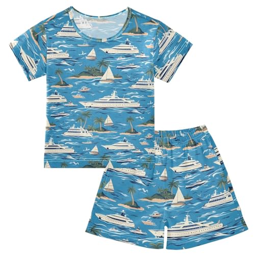 ALAZA Tropical Ship Ocean Sea Pajamas Short Sleeve 2 Piece Sleepwear Top and Bottom Pajama Set Unisex