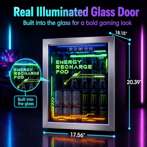 Image of Tehanld Lighted Beverage Refrigerator, 68-Can Gaming Mini Fridge | RGB illuminated glass door, 1.8 cu.ft, 35-65F digital control, quiet drink cooler for bedroom, game room, home bar