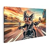 islandburner Bild auf Leinwand Hund mit Brille fährt Motorrad bei Sonnenuntergang für Wohnzimmer Tierliebhaber Motorradladen Bilder Wandbilder Poster