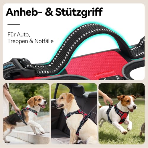 PHOEPET No Pull Hundegeschirr Verstellbares Hundewestengeschirr für den täglichen Spaziergang mit Schnalle am Hals und reflektierenden Streifen, Kontrollgriff für mittlere und große Hunde(Rot,XL)