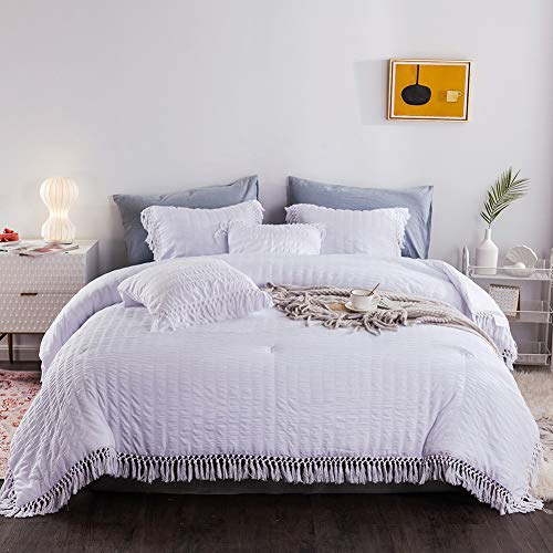 Firsdecor white queen ruffled tassel comforter set,fluffy boho se…