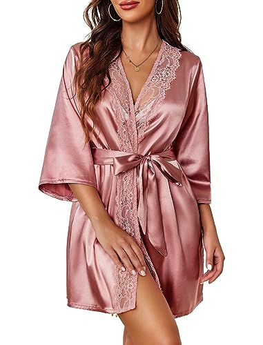 Image of Avidlove Women's Kimono Robe Short Satin Pure Short Silky Robes | Silk Robes for Women Lightweight Kimono Bridesmaid Bride Wedding Party Bathrobes V-Neck Sleepwear
