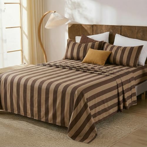 Image of Merryword 100% Cotton Sheet Set Queen Size - Brown and Khaki Stripes Bedding, Soft Breathable Percale Weave, Wide Stripe Deep Pocket Sheet 17.5 inch, Luxury Linen Like, 4-Piece All Season Bedding