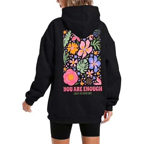 FAYALEQ You Are Enough Hoodie For Women Graphic Long Sleeve Sweatshirts Oversized Inspirational Pullover Top Black Cover