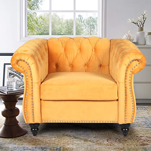 Image of ORRD Chesterfield Chair, Modern Velvet Tufted Accent Sofa Couch Chair with Scroll Arms and Nailhead for Living Room, Bedroom, Office, Apartment (Mango)